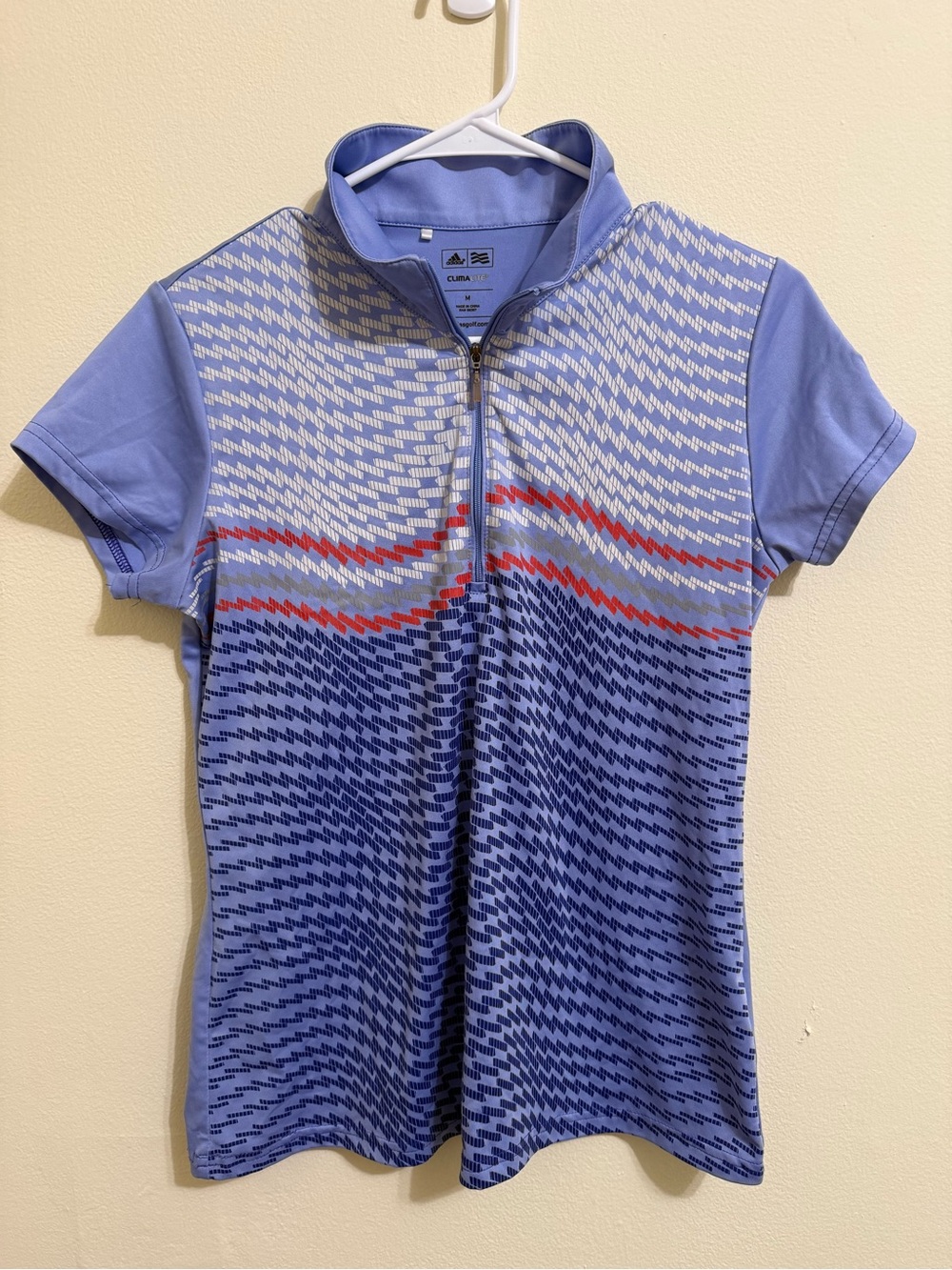 adidas Light Blue Short Sleeve Half-Zip Polo with Red & Navy Wave Detail